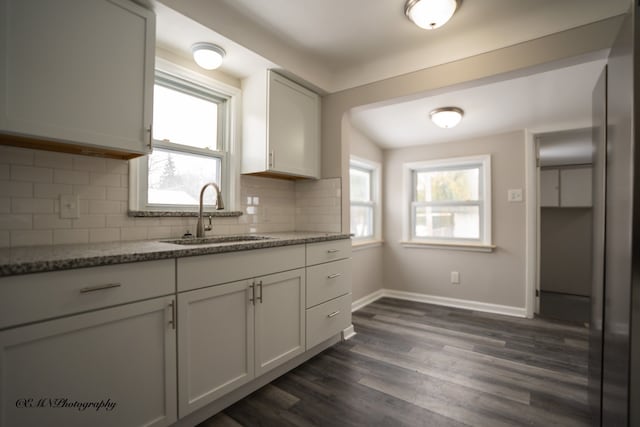 kitchen featuring dark wood-type flooring, a healthy amount of sunlight, a sink, and decorative backsplash