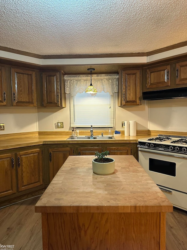 kitchen with hanging light fixtures, dark wood-type flooring, wood counters, a kitchen island, and white gas range oven