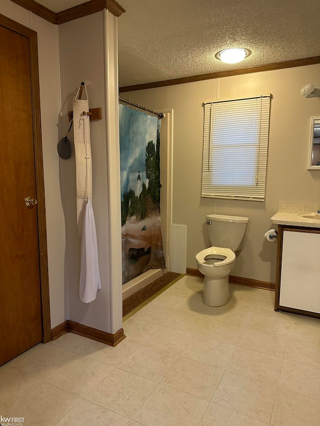 bathroom with vanity, a textured ceiling, toilet, and walk in shower