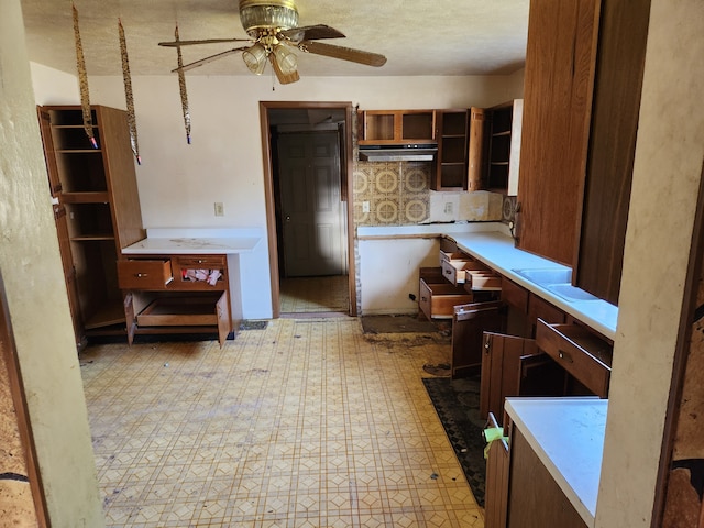 315 Mcomber St, Dowagiac, MI 49047 - kitchen featuring open shelves, light floors, ceiling fan, under cabinet range hood, and light countertops
