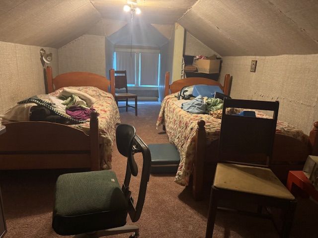 bedroom featuring carpet and vaulted ceiling