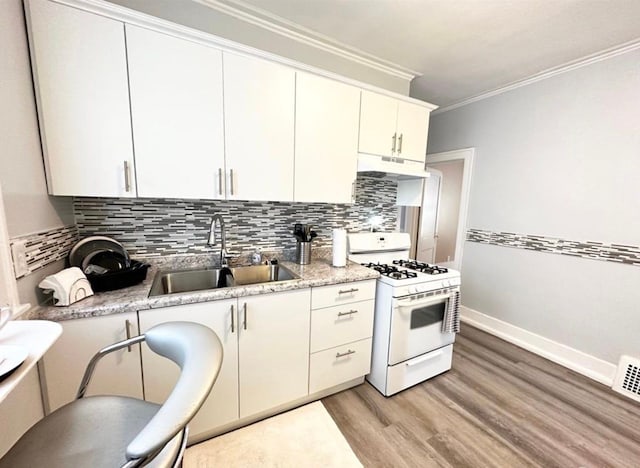 kitchen with white cabinetry, sink, tasteful backsplash, and gas range gas stove