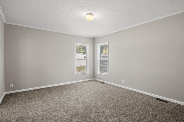 spare room featuring carpet flooring, a textured ceiling, and ornamental molding