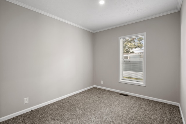 unfurnished room with carpet and ornamental molding