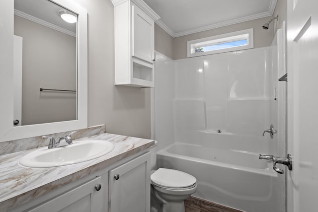 full bathroom with shower / bath combination, ornamental molding, vanity, hardwood / wood-style flooring, and toilet