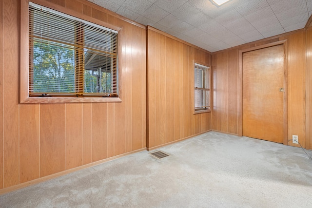 carpeted empty room with wooden walls