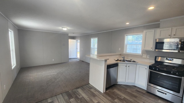 875 W Grand River Ave Unit 35, Williamston, MI 48895 - kitchen featuring stainless steel appliances, crown molding, light countertops, open floor plan, and white cabinetry