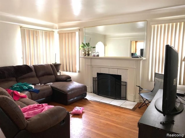 living room featuring a tile fireplace, light hardwood / wood-style flooring, and plenty of natural light