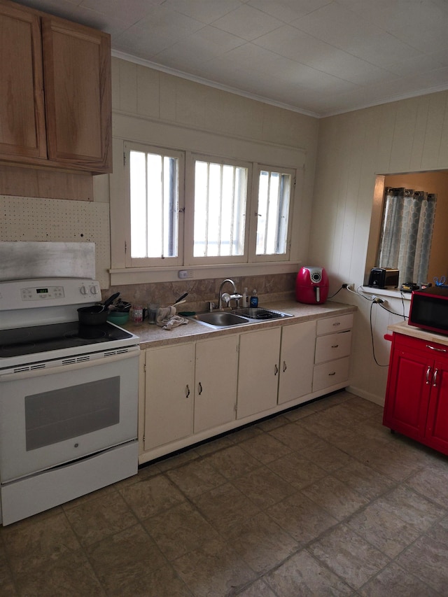 kitchen featuring plenty of natural light, electric stove, sink, and ornamental molding