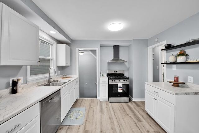 kitchen featuring white cabinetry, sink, wall chimney range hood, and appliances with stainless steel finishes