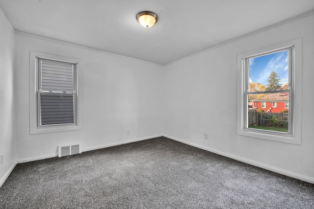 spare room featuring carpet and crown molding