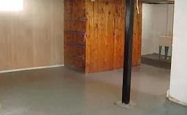 basement featuring wood walls