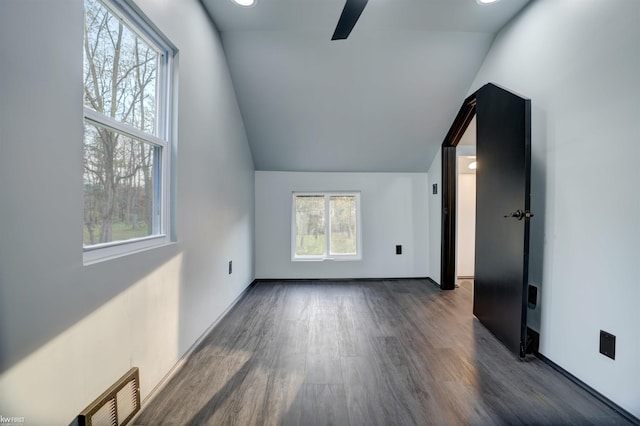 additional living space featuring dark wood-type flooring and vaulted ceiling