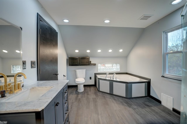 kitchen featuring sink, vaulted ceiling, light stone countertops, light wood-type flooring, and dark brown cabinets