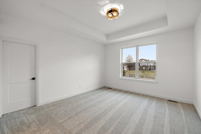 carpeted empty room with a raised ceiling