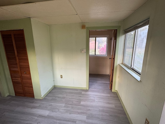 interior space with a drop ceiling and light hardwood / wood-style flooring