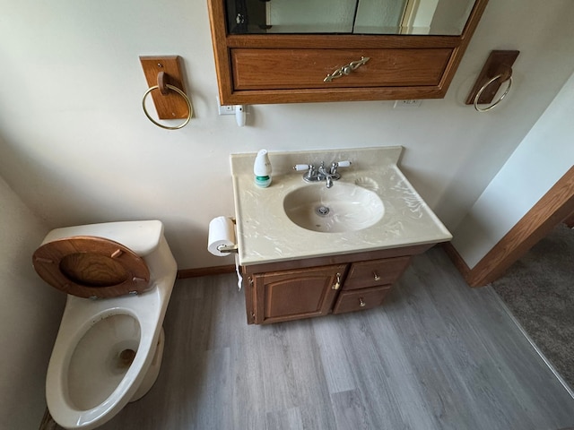 bathroom featuring vanity, hardwood / wood-style flooring, and toilet