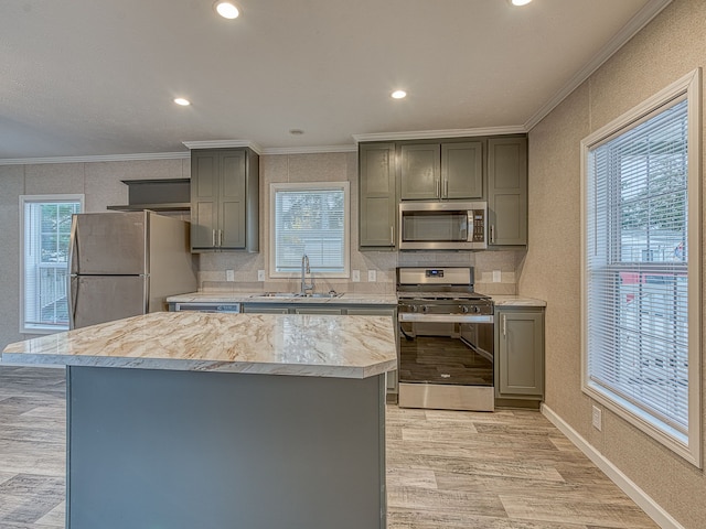 kitchen with appliances with stainless steel finishes, light wood-type flooring, and ornamental molding