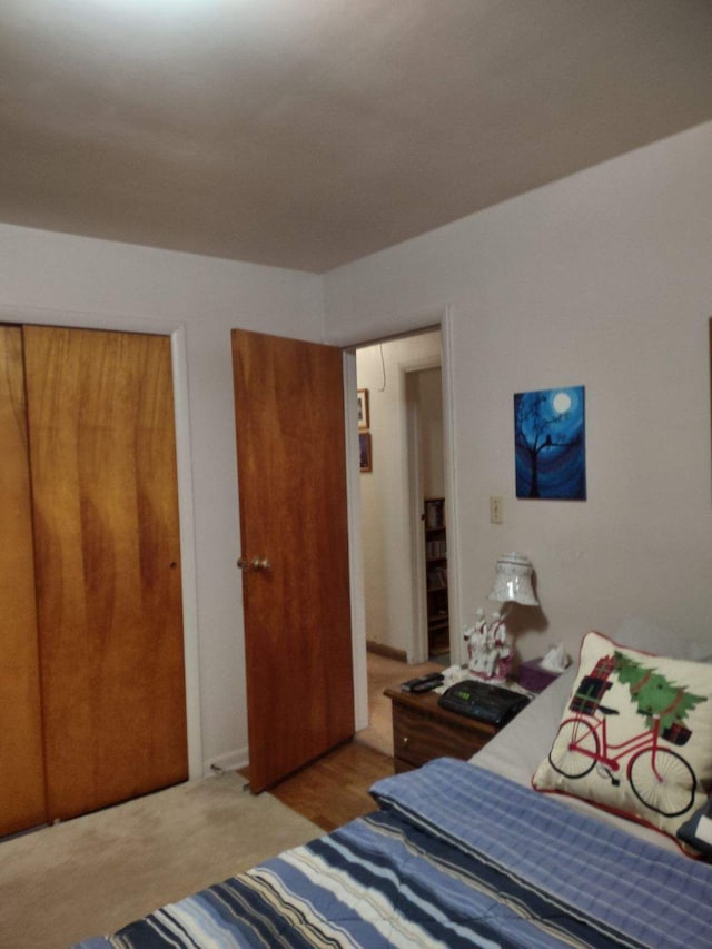 bedroom featuring light carpet and a closet