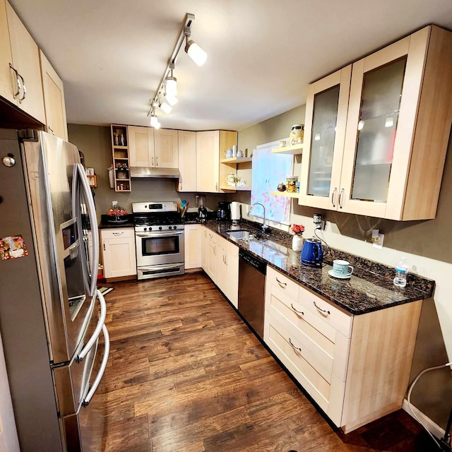 kitchen with sink, rail lighting, dark hardwood / wood-style floors, dark stone countertops, and appliances with stainless steel finishes