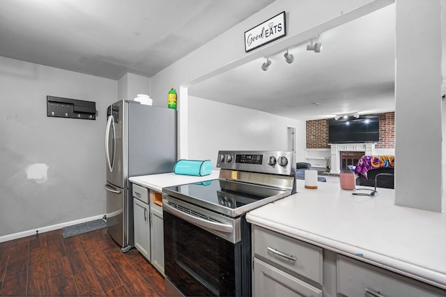 kitchen featuring a fireplace, dark hardwood / wood-style flooring, gray cabinetry, and stainless steel appliances