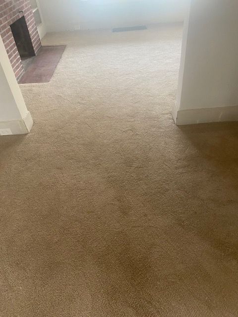 interior details featuring carpet and a brick fireplace