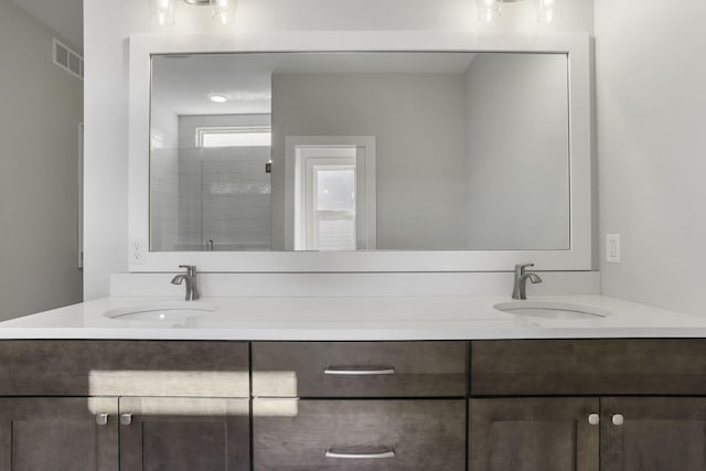 bathroom featuring vanity and an enclosed shower