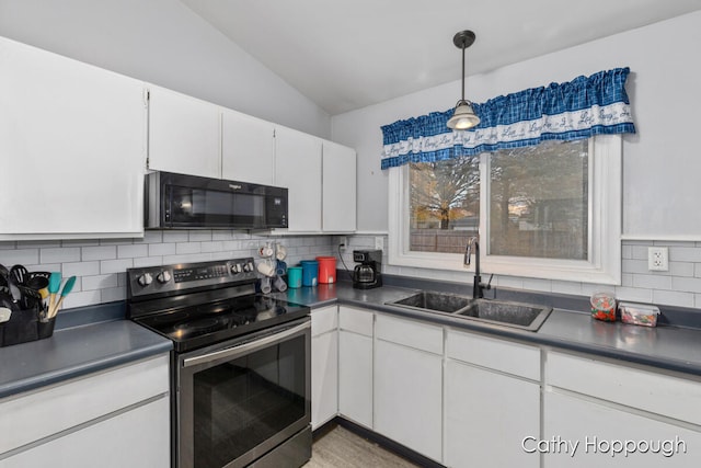 kitchen with white cabinetry, electric range, sink, backsplash, and lofted ceiling