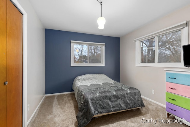 carpeted bedroom featuring a closet and multiple windows