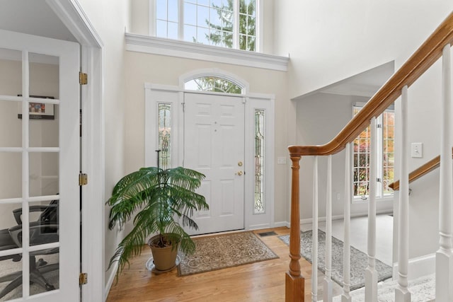 entrance foyer with a high ceiling and wood-type flooring