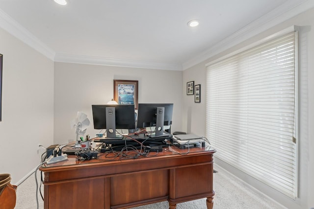 office area with crown molding and light colored carpet