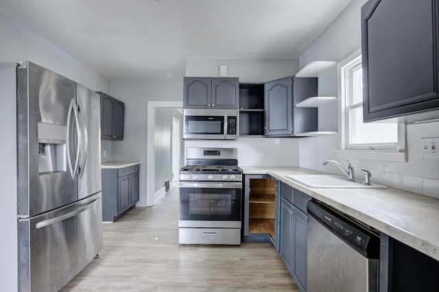 kitchen with tasteful backsplash, sink, light hardwood / wood-style flooring, and appliances with stainless steel finishes