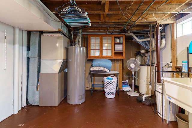 basement with heating unit and water heater