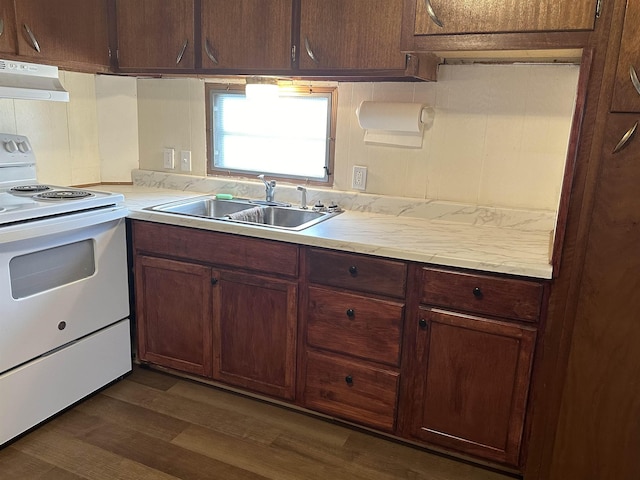 4465 Filter Rd, Harrison, MI 48625 - kitchen featuring white range with electric cooktop, range hood, light countertops, a sink, and dark wood-style floors