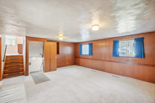 basement with light carpet, plenty of natural light, and wooden walls