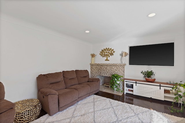 living room with hardwood / wood-style floors and a tiled fireplace