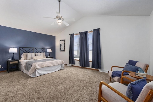 carpeted bedroom with baseboards, visible vents, vaulted ceiling, and a ceiling fan