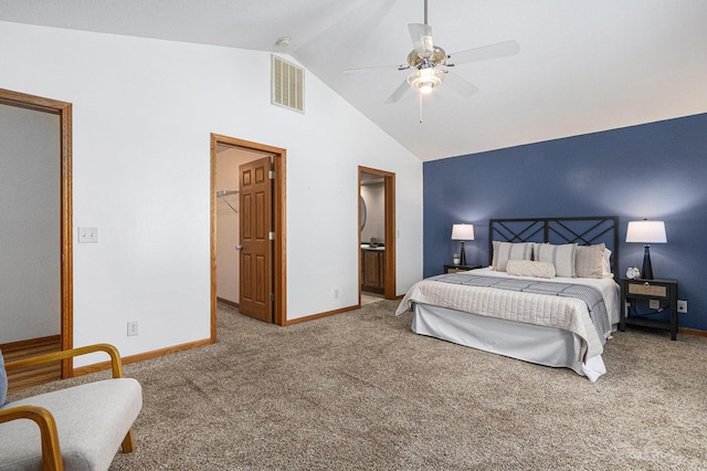 bedroom with baseboards, visible vents, lofted ceiling, ceiling fan, and carpet