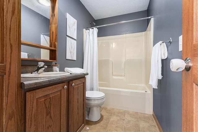 full bathroom featuring shower / bathtub combination with curtain, toilet, a textured ceiling, vanity, and tile patterned floors