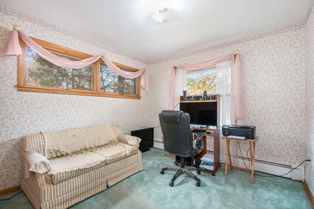 288 E 88th St, Newaygo, MI 49337 - home office with wallpapered walls, a baseboard radiator, and carpet floors