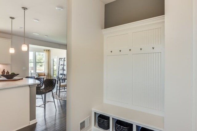 mudroom with dark hardwood / wood-style floors