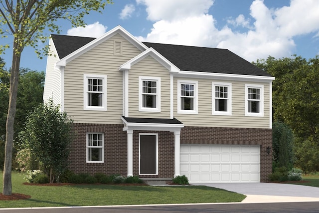 view of front of house with a garage and a front lawn