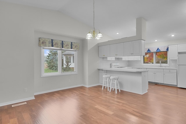 kitchen with pendant lighting, a healthy amount of sunlight, white cabinets, and kitchen peninsula