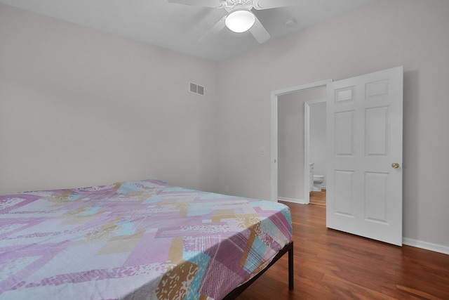 bedroom featuring ceiling fan and dark hardwood / wood-style flooring