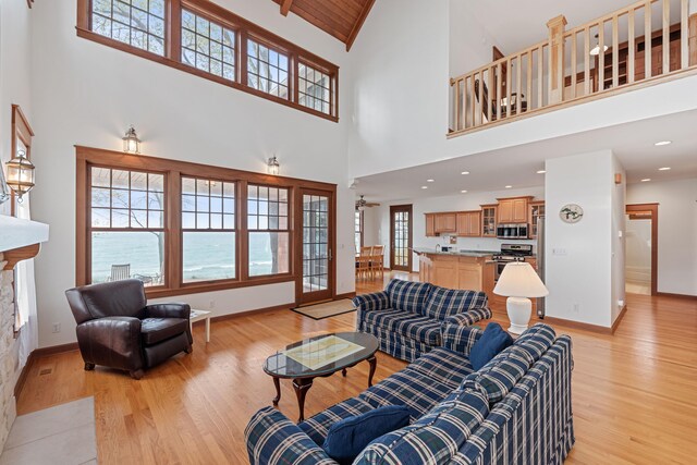 5722 Dunham Path, Stevensville, MI 49127 - living area with high vaulted ceiling, light wood-style flooring, baseboards, and a stone fireplace