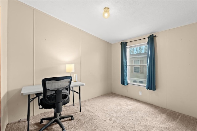 carpeted home office featuring a textured ceiling