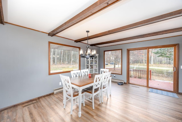 dining space featuring beamed ceiling, light wood-type flooring, a baseboard radiator, and a chandelier