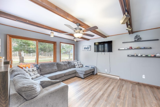 living room with beam ceiling, light hardwood / wood-style flooring, baseboard heating, and ceiling fan