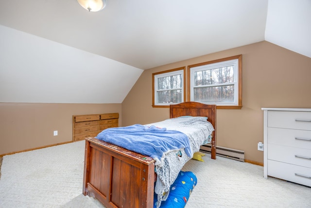 carpeted bedroom with vaulted ceiling and baseboard heating