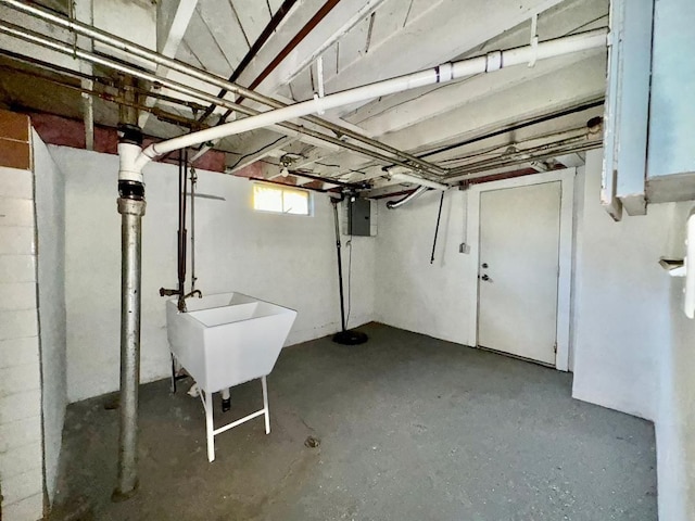 basement with electric panel and sink